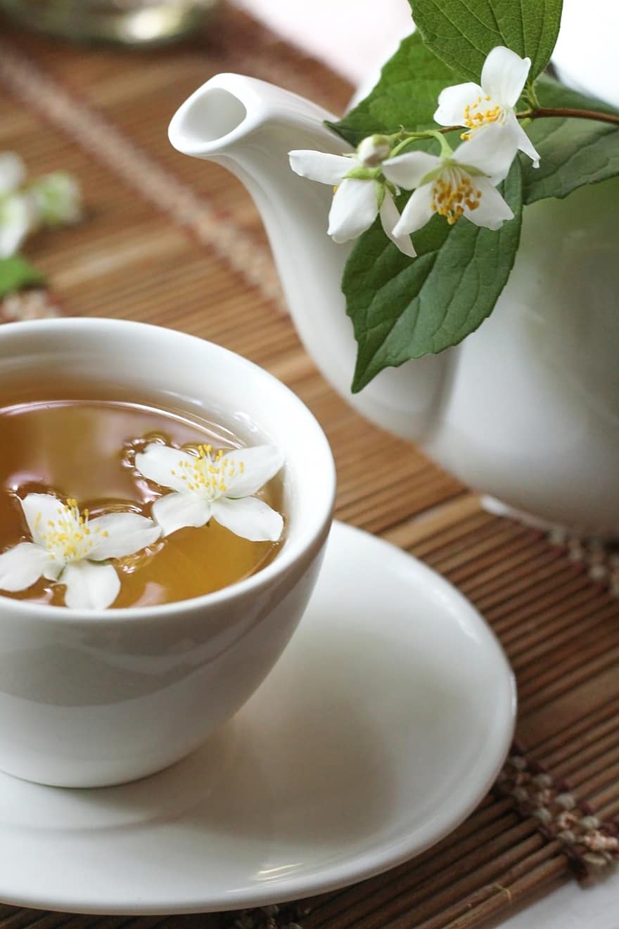 jazmín, té, beber, bebida, las flores, taza para té, tetera, herbario, de cerca, flor, hoja