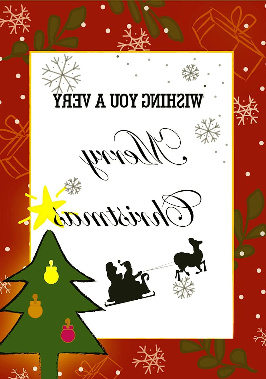 Boże Narodzenie, karta, wesoły, gwiazda, drzewko świąteczne, noel, Święty Mikołaj, renifer, śnieg, płatki śniegu, czerwony