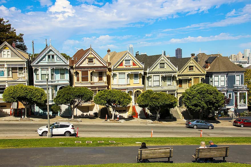 geschilderde dames, San Francisco, Verenigde Staten van Amerika, buurt, Californië, stad, architectuur, huizen, woon-, straat, stedelijk
