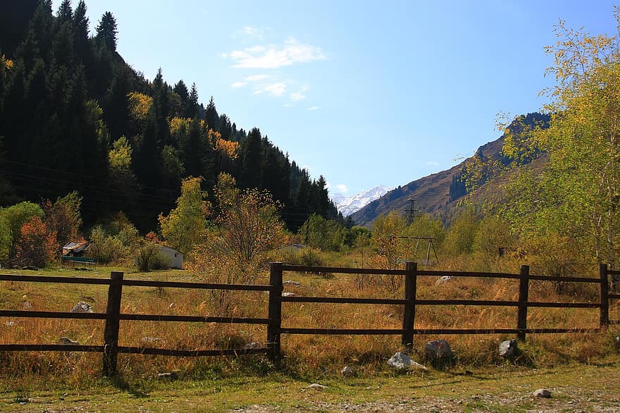 планини, ограда, околност, пейзаж, селски, път, падане, есен, Тяншан