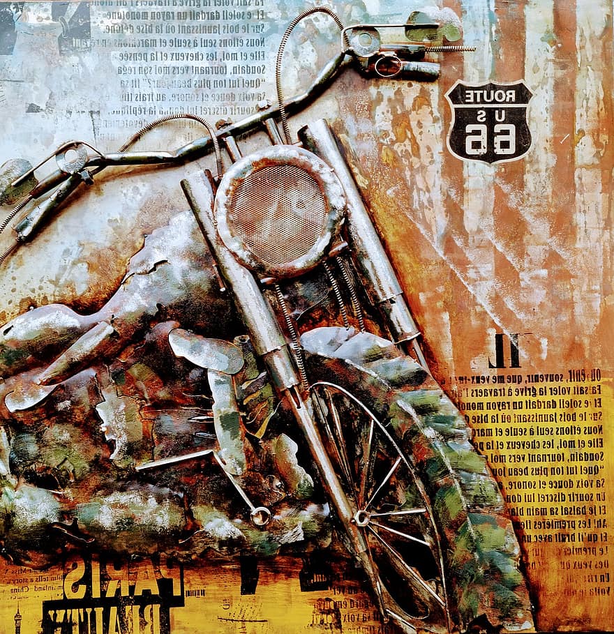 moto, motocicleta, Cartel de la motocicleta, antiguo, anticuado, sucio, oxidado, metal, rueda, transporte, comida