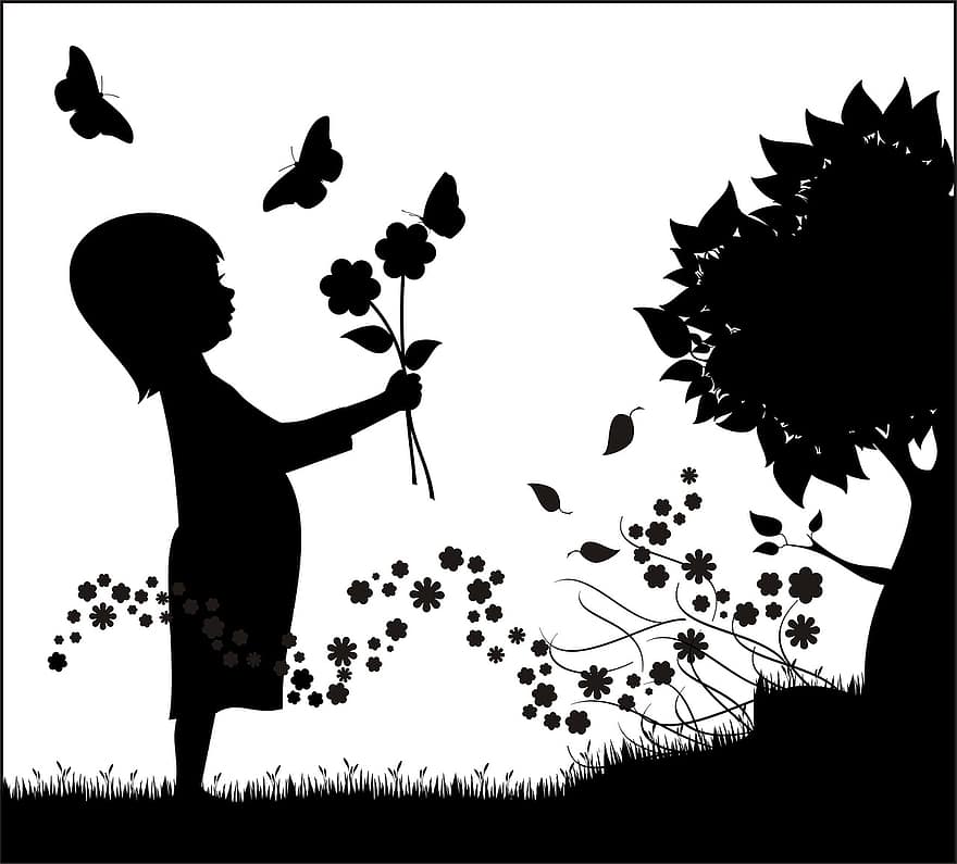 dítě, květ, strom, dívka, chlapec, šaty, tráva, mladý, ruka, list, tvář