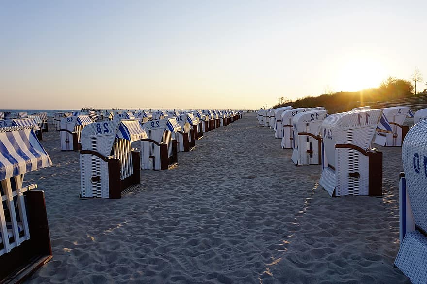 Beach Chairs, Beach, Sand, Sunset, Sea, Kühlungsborn, Baltic Sea, Coast, Recreation, Nature, Relaxation