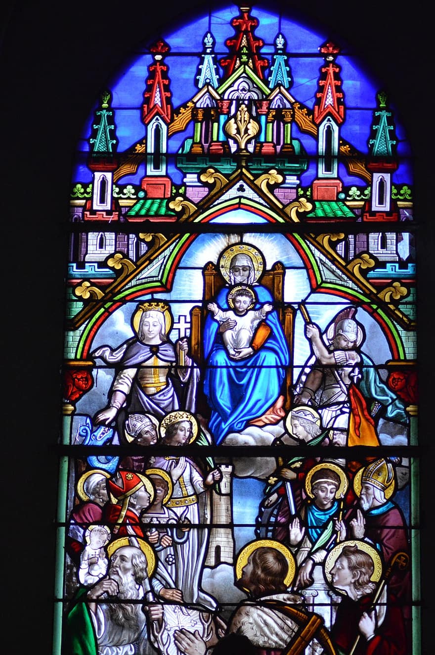 vitraliu, biserică, fereastră, religie, fecioara Maria, copil, Iisus, mulţimea, sfinți, inele, mulți