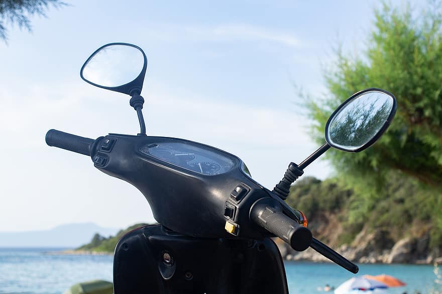 Vespa, Motorcycle, Scooter, Rear View, Handlebars, Roller, Vacations, Travel, Beach