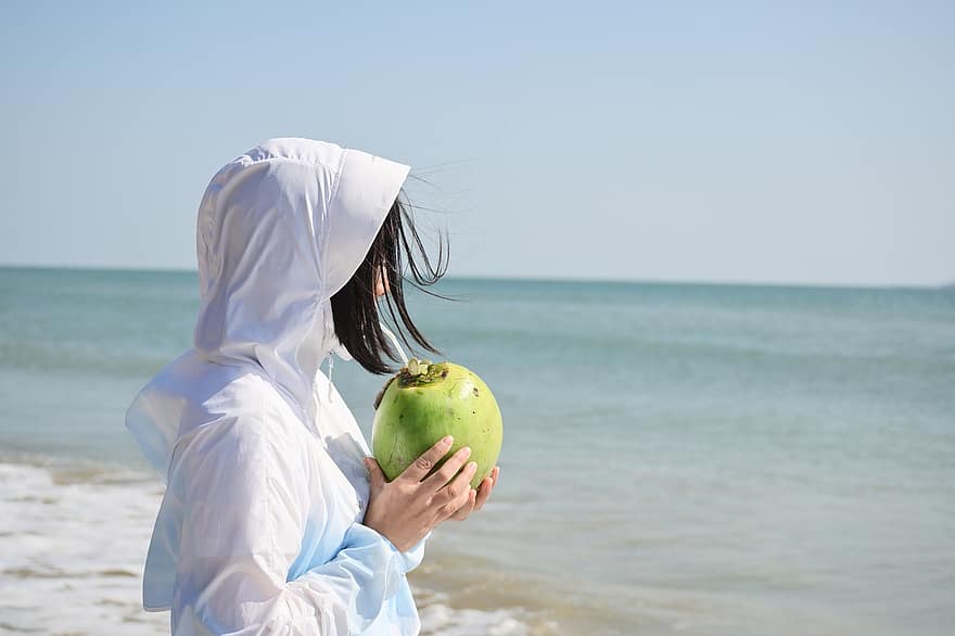 mulher, de praia, coco, tropical, orgânico, ao ar livre, período de férias, viagem, lazer