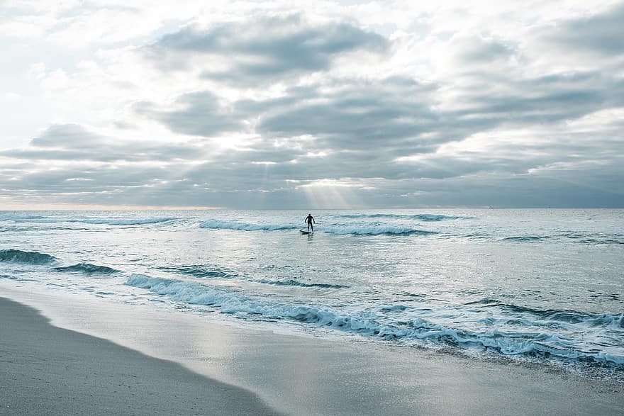 mar, de praia, surfar, surfe, surfista, nuvens, areia, costa, Beira Mar, litoral, ondas