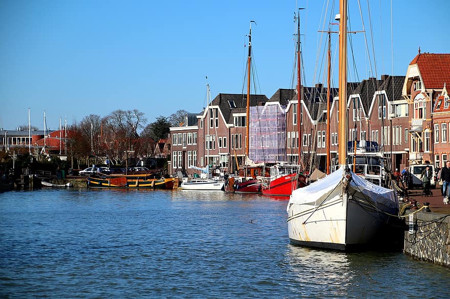 kikötő, város, Hoorn, Hollandia, csatorna, Óváros, rakpart, hajó, víz, híres hely, építészet
