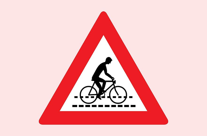 pengendara sepeda, persimpangan, tanda, jalan, peringatan, merah, reflektif, lalu lintas, mengendarai, perhatian