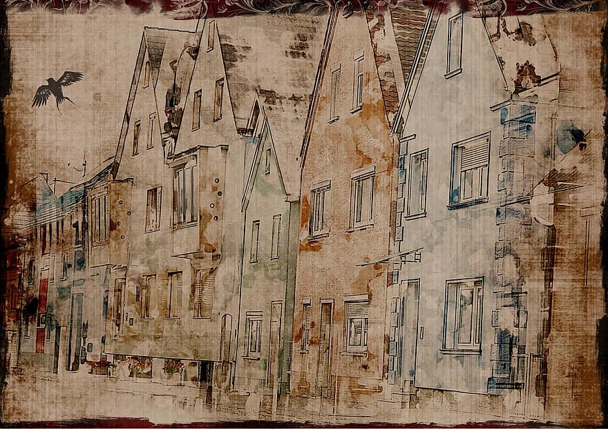 Background, Grunge, Old, Houses, Town, Bird, Street, Building, Architecture, City, Travel