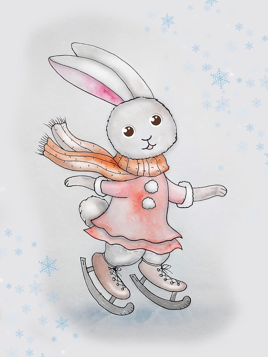 kanin, skøjter, sport, vinter, kunstskøjteløb, akvarel, maleri, sjovt, spil, sjov, nuttet