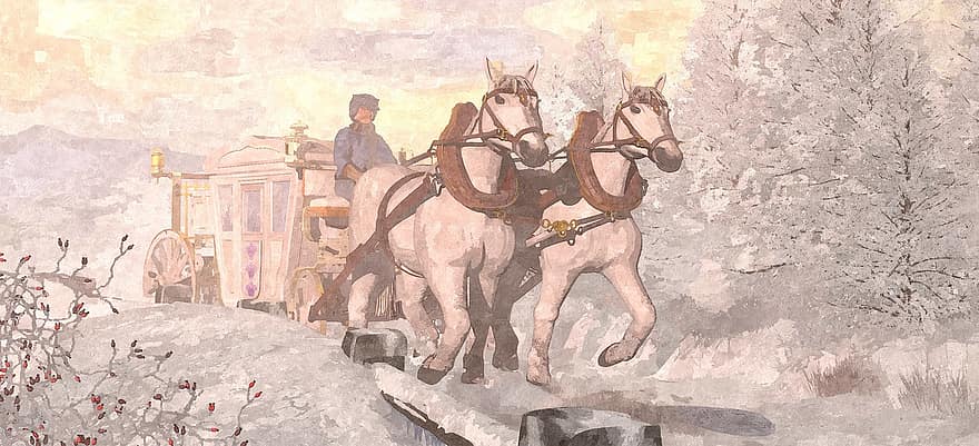 winter, vorst, sneeuw, de coach, paarden, slee, pad, schilderij