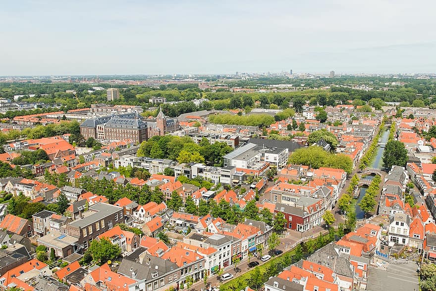 nederland, Delft, by, tak, bybildet, arkitektur, flybilde, bygge eksteriør, berømt sted, høy vinkel visning, urban skyline