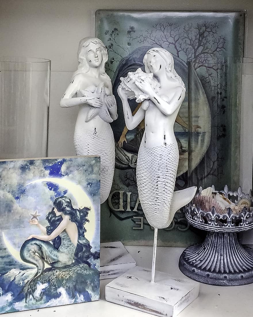 морска сирена, статуя, декор, морски, море, скулптура, женски пол