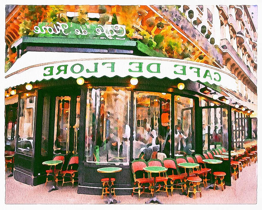 café de flore, akvarell maleri, vin, maling, vannfarge, restaurant, alkohol, fransk, Frankrike, kunstnerisk, brasserie