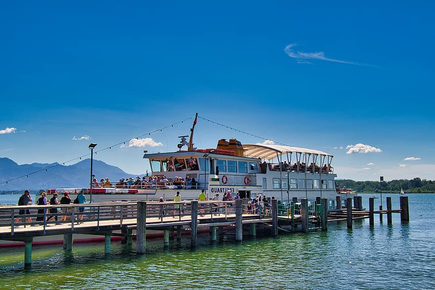 lago, Chiemsee, bote, buque de pasajeros, Barco de pasajeros Naturaleza, vacaciones, ocio