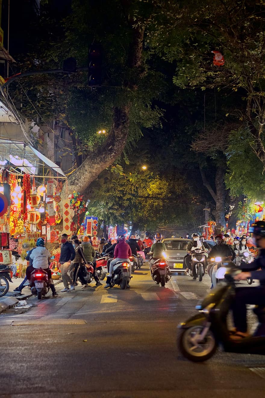 Vietnam, ulice, noc, Hanoi, silnice, městský život, svítí, provoz, soumrak, motocykl, noční život
