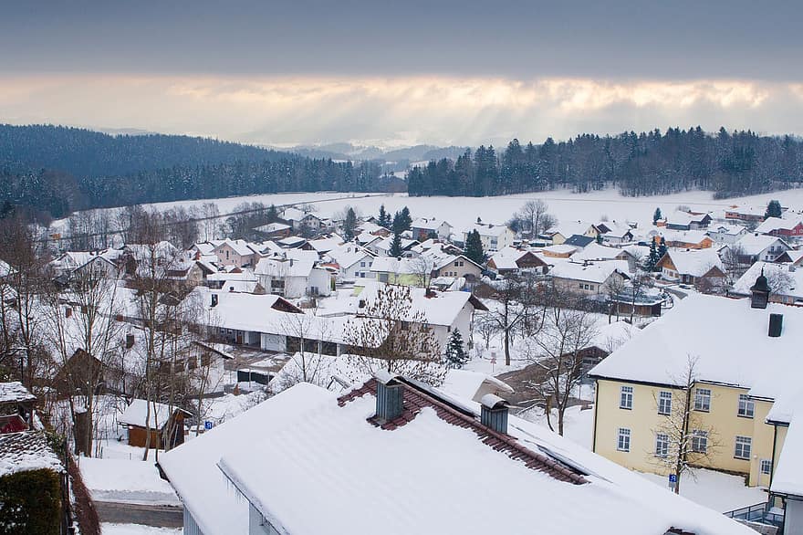 hivern, neu, ciutat, poble, vall, naturalesa, paisatge