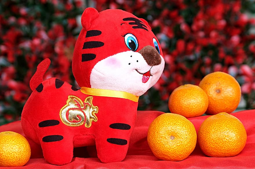 Кукла Тигр, апельсины, китайский Новый год, фрукты, Красный тигр, мандарины, традиционный, китайский язык, культура, милый, праздник