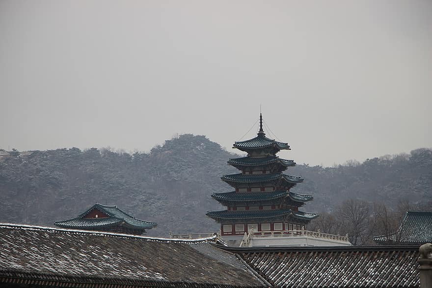 сграда, кула, пагода, покрив, древен, архитектура, gyeongbokgung, дворец, традиционен