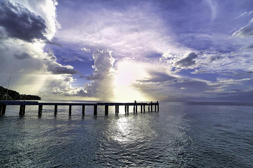 strand, pir, Puerto Rico, horisont, himmel, moln, solljus, hav, vatten, vågor, marinmålning