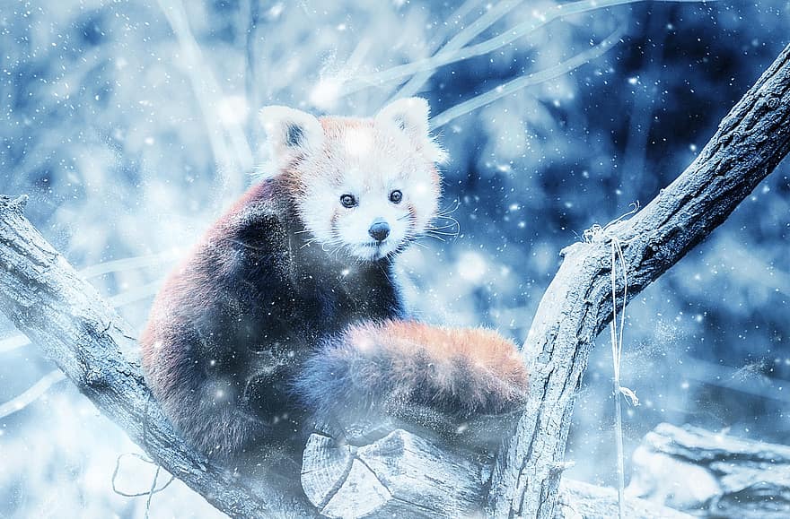 животное, Красная панда, снег, Изобразительное искусство, марочный, зима, природа, декоративный, синее искусство