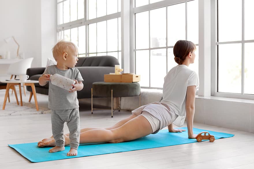 yoga, mamma, barn, övning, familj, kvinna, roligt, förälder, tillsammans, Träning, vård