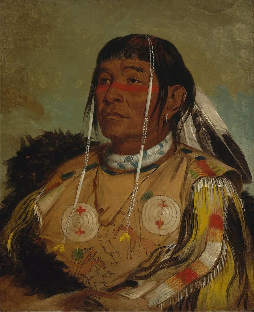 obraz, sztuka, grafika, George Catlin, 1831, Sha-co-pay, Wódz Równin, Ojibwa, indyjski, native american, plemię