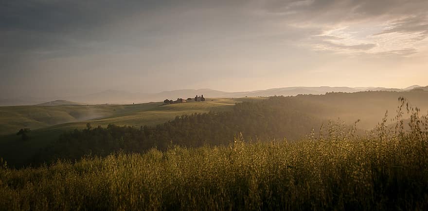 Fields, Hills, Fog, Nature, Scenery, Italy, Tuscany, Landscape, Meadow, Mist, Farm