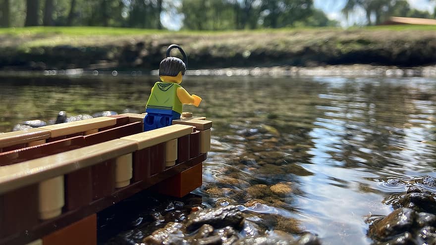 Lego, lago, corriente, parque, pescar, estanque, juguete, bokeh, agua, verano, niño
