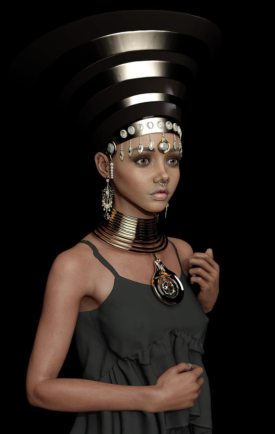 žena, egyptský, čelenka, fantazie, cosplay, čepice, oblečení, šperky, portrét, krása, póza