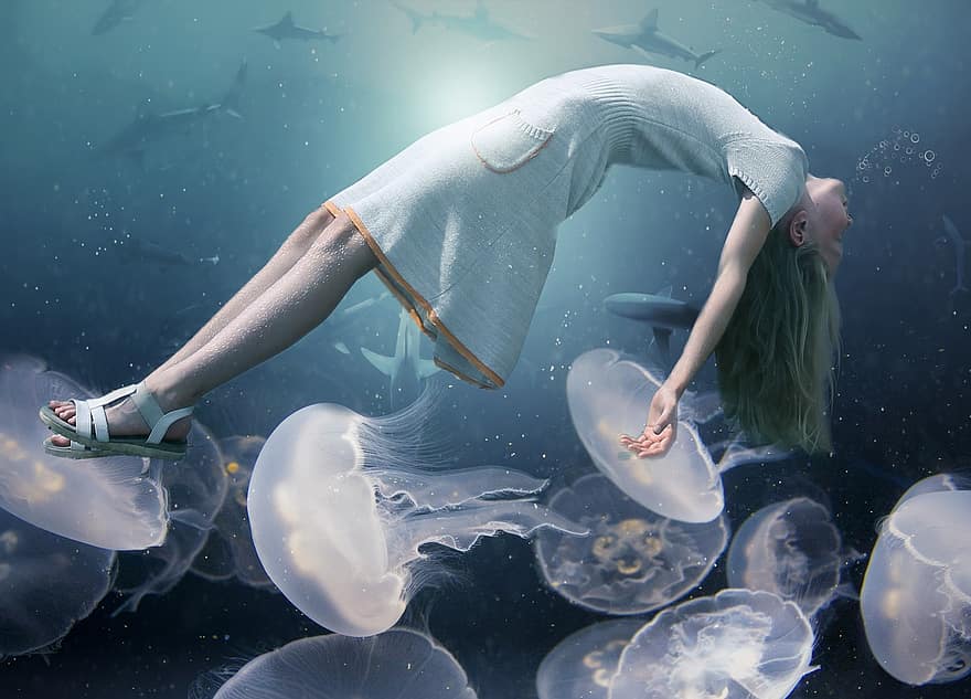 kvinna, manet, hajar, under vattnet, ung, vit klänning, levitation, ljus, glöd