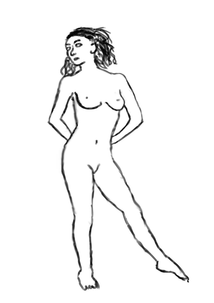 Female, Drawing, Pose, Act, Outlines, Black