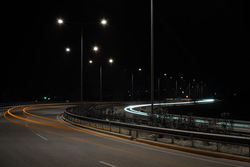 paparan panjang, jejak cahaya, jalan raya, gelap, malam, jalan, lalu lintas, kota, cahaya, kecepatan, neon