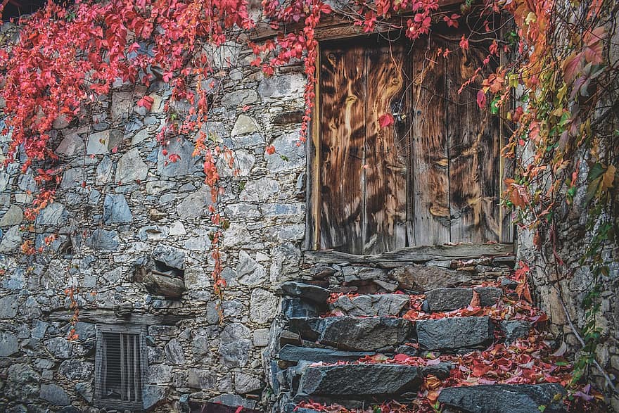 porta, de madeira, velho, casa, pedra, Entrada, arquitetura, tradicional, escadas, abandonado, aldeia