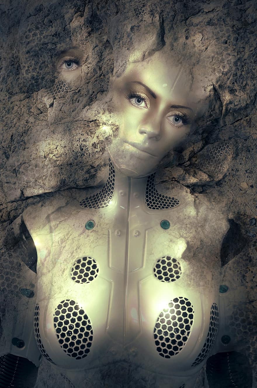 fantazie, android, kámen, ženský, umělý, scifi, skládání, fotomontáž, mystický, nadreálný, tajemný