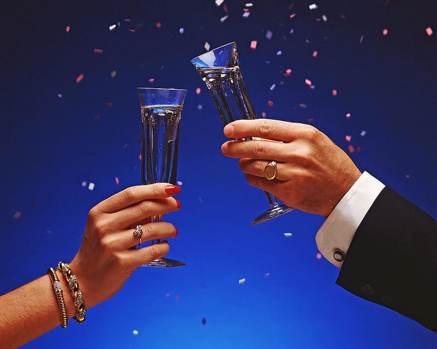お祝い、シャンパン、ワイングラス、結婚式、輝く、オーナメント、儀式、紙吹雪、クリスマス