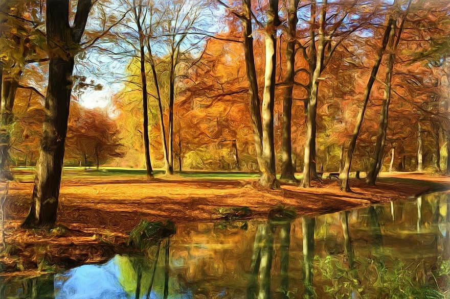 boyama, yağlı boya, fotoğraf boyama, sonbahar, orman, göl, gölet, ağaçlar, Sanat, sanat eseri, yaratıcı
