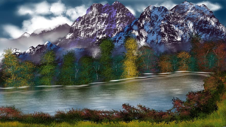 ezers, kalni, mežs, raksturs, ainavu, fona, rudenī, kalns, koks, ūdens, lapas