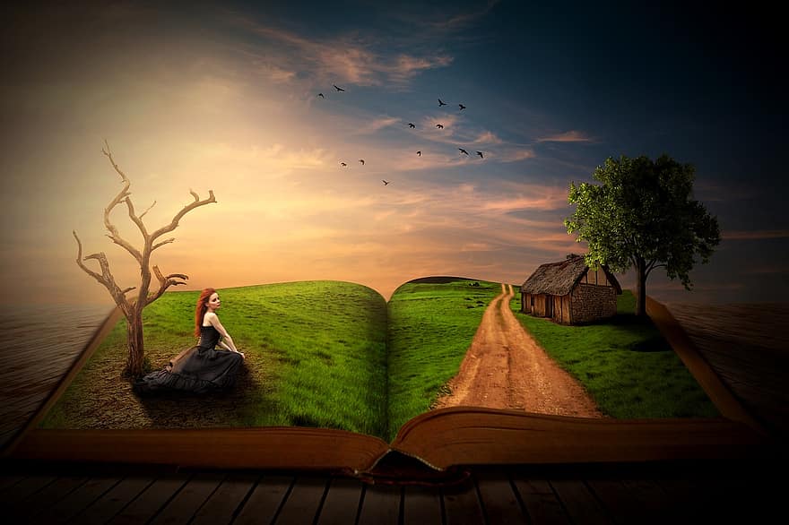 livre, femme, arbre, une façon, maison, se ruer, ciel, des oiseaux, paysage, connaissance, sagesse