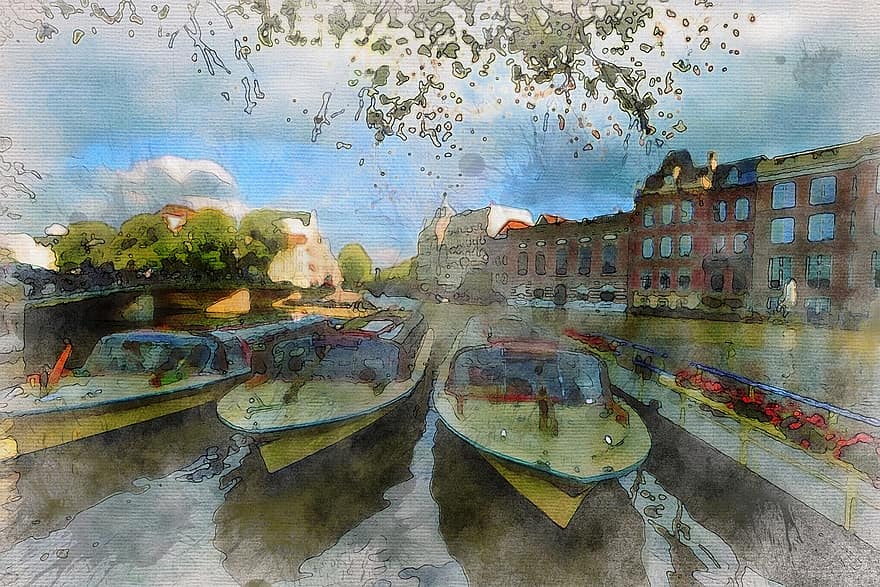 Амстердам, лодки, Холандия, канал, река, град, панорамен, живопис, произведения на изкуството