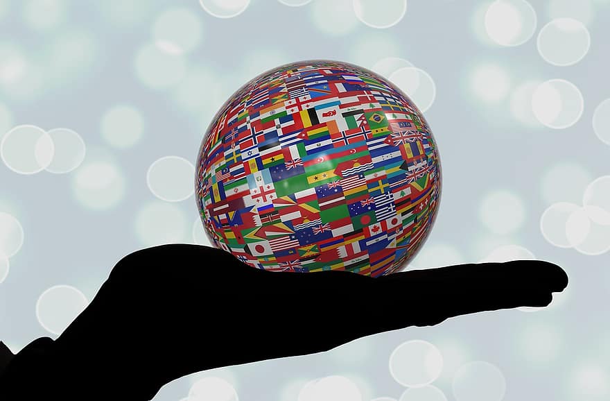 mão, manter, bola, bandeiras, bandeira, internacional, internacionalidade, global, globalização, presente, exposição