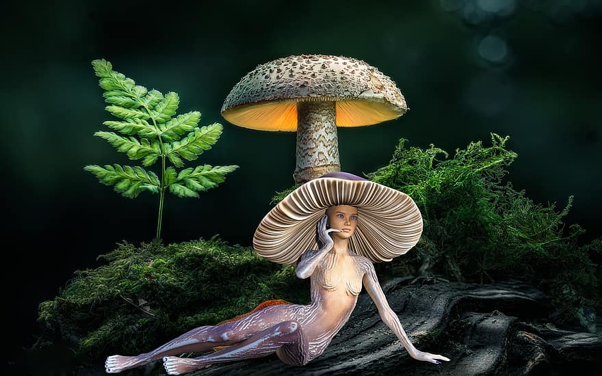 фон, Лісові гриби, дівчина, фантазія, самка, характер, цифрове мистецтво