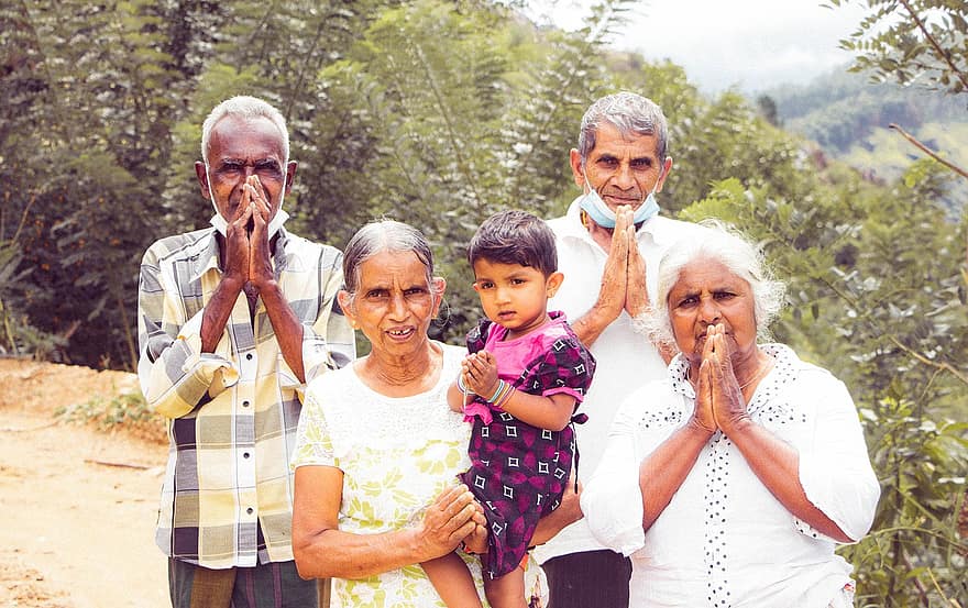 familie, ældre, sri lankan, gamle mennesker, senior-, Sri Lankas familie, bedstemor, bedstefar, barnebarn, baby, pige