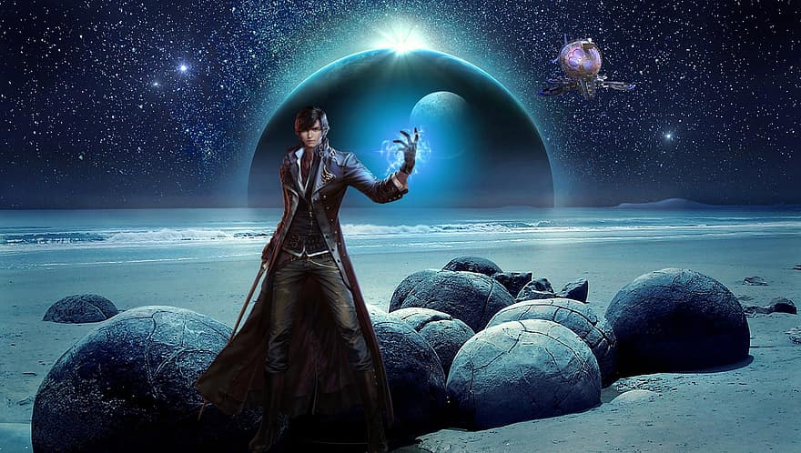 Background, Valley, Stones, Lake, Moon, Ship, Wizard, men, planet, space, adult