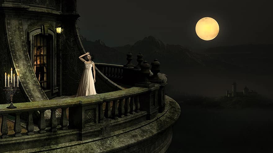 Moon, Woman, Balcony, Castle, Fantasy, Night, Man, Mountains, Mystical