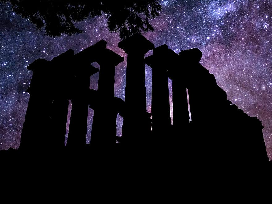 空、星座、宇宙、夜、スペース、天文学、寺院、ギリシャ語、滅びる、古い、アンティーク