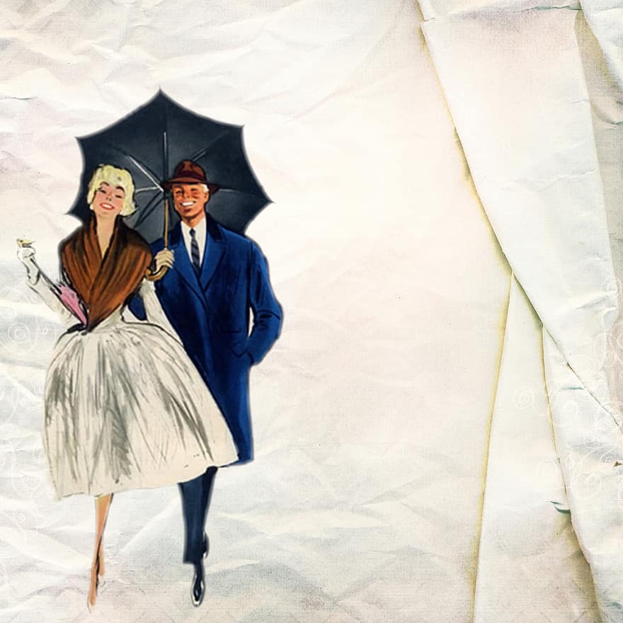 Jahrgang, retro, Hintergrund, Paar, Regenschirm, Liebe, gehen, Straße, Mode, Kleid, Menschen