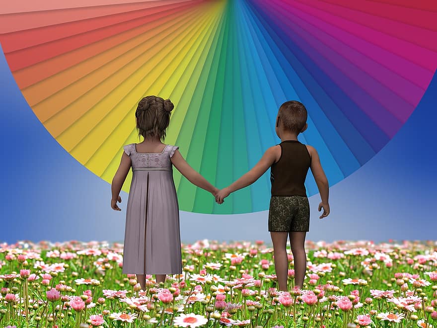 bērniem, uz priekšu, mierīga, pieķeršanās, spēlēt, varavīksne, krāsa, meitene, zēns, draugi, iet