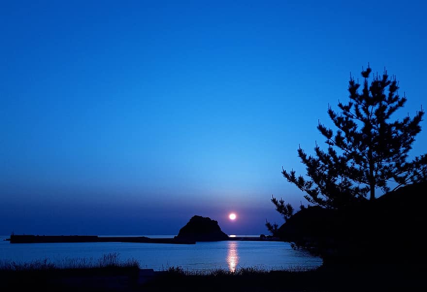 západ slunce, jezero, kyoto, horizont, večer, soumrak, Japonsko, silueta, modrý, krajina, voda